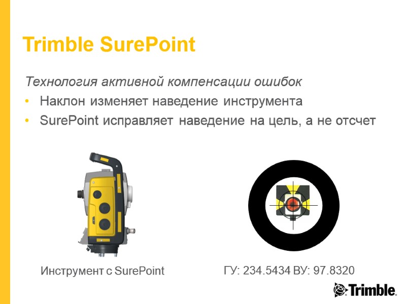 Trimble SurePoint Технология активной компенсации ошибок Наклон изменяет наведение инструмента SurePoint исправляет наведение на